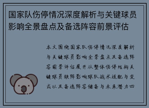 国家队伤停情况深度解析与关键球员影响全景盘点及备选阵容前景评估 国家队伤停情况深度解析与关键球员影响全景盘点及备选阵容前景评估